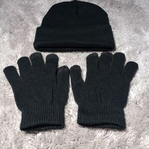 Unisex Cuff Beanie and Black Knit Glove Set